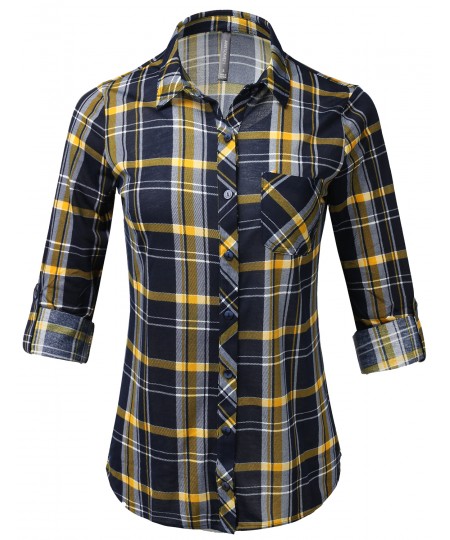 Women's Casual Lightweight Roll Up Sleeve Checker Button Down Shirt