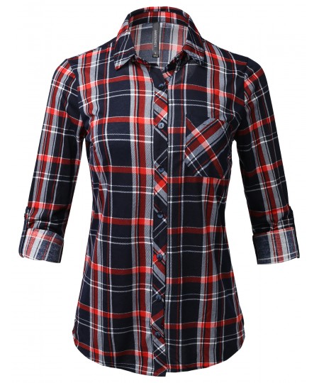 Women's Casual Lightweight Roll Up Sleeve Checker Button Down Shirt