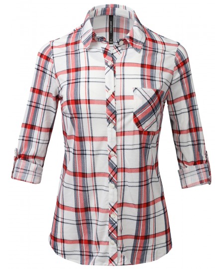 Women's Casual Lightweight Roll Up Sleeve Checker Button Down Shirt