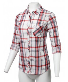 Women's Casual Lightweight Roll Up Sleeve Checker Button Down Shirt