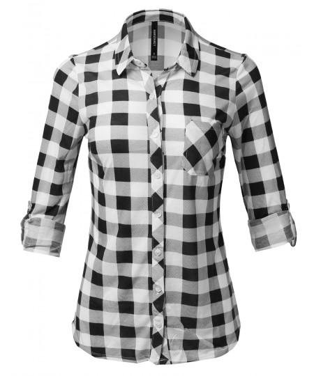 Women's Casual Lightweight Rolled Up Sleeve Button Down Plaid Shirt