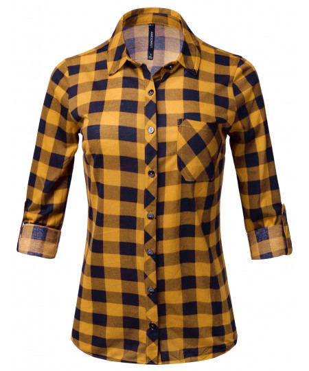 Women's Casual Lightweight Rolled Up Sleeve Button Down Plaid Shirt