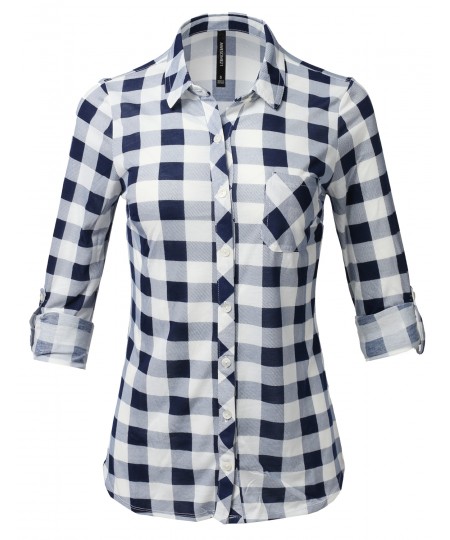 Women's Casual Lightweight Rolled Up Sleeve Button Down Plaid Shirt