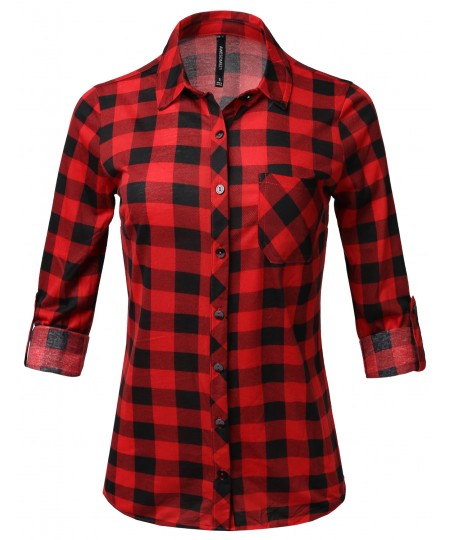 Women's Casual Lightweight Rolled Up Sleeve Button Down Plaid Shirt