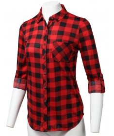 Women's Casual Lightweight Rolled Up Sleeve Button Down Plaid Shirt