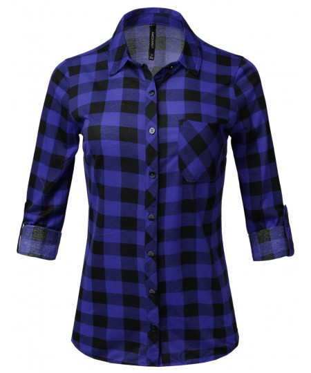 Women's Casual Lightweight Rolled Up Sleeve Button Down Plaid Shirt