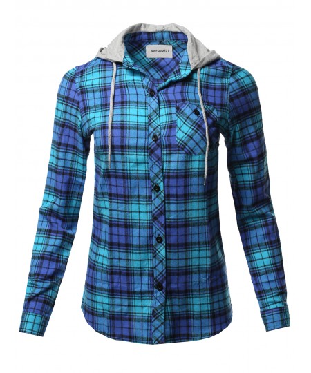 Women's Causal Flannel Long Sleeve Button-Down Mandarin Collar Hoodie Shirt