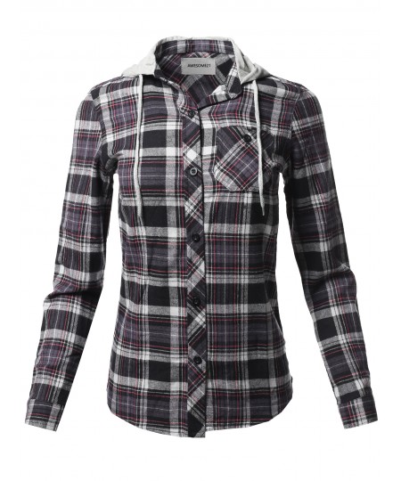 Women's Causal Flannel Long Sleeve Button-Down Mandarin Collar Hoodie Shirt