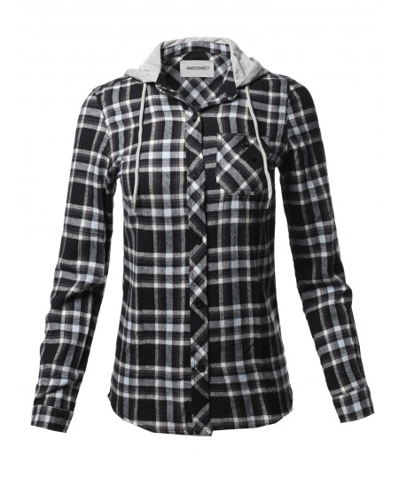 Women's Causal Flannel Long Sleeve Button-Down Mandarin Collar Hoodie Shirt