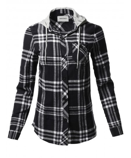 Women's Causal Flannel Long Sleeve Button-Down Mandarin Collar Hoodie Shirt