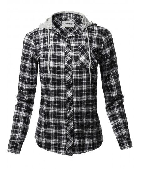 Women's Causal Flannel Long Sleeve Button-Down Mandarin Collar Hoodie Shirt