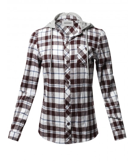 Women's Causal Flannel Long Sleeve Button-Down Mandarin Collar Hoodie Shirt