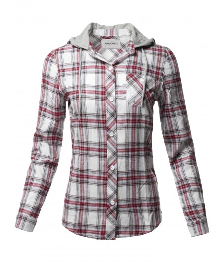 Women's Causal Flannel Long Sleeve Button-Down Mandarin Collar Hoodie Shirt