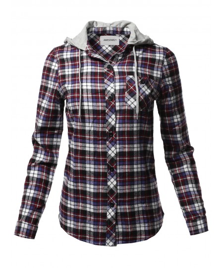 Women's Causal Flannel Long Sleeve Button-Down Mandarin Collar Hoodie Shirt