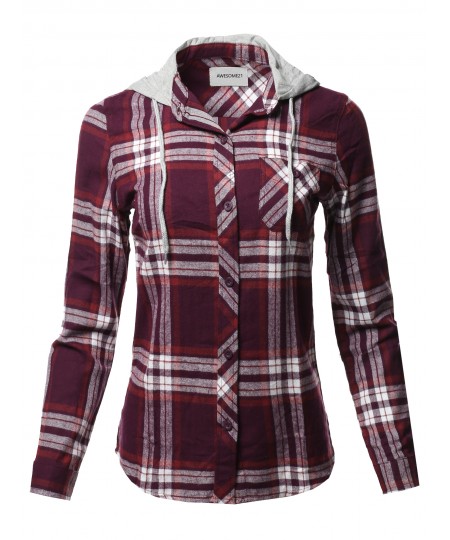 Women's Causal Flannel Long Sleeve Button-Down Mandarin Collar Hoodie Shirt