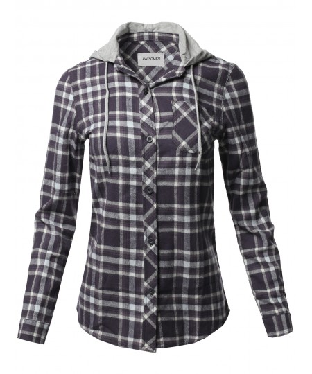 Women's Causal Flannel Long Sleeve Button-Down Mandarin Collar Hoodie Shirt