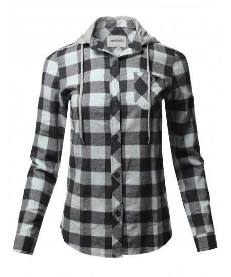 Women's Causal Flannel Long Sleeve Button-Down Mandarin Collar Hoodie Shirt