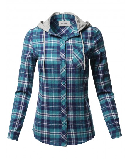 Women's Causal Flannel Long Sleeve Button-Down Mandarin Collar Hoodie Shirt