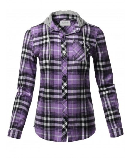 Women's Causal Flannel Long Sleeve Button-Down Mandarin Collar Hoodie Shirt