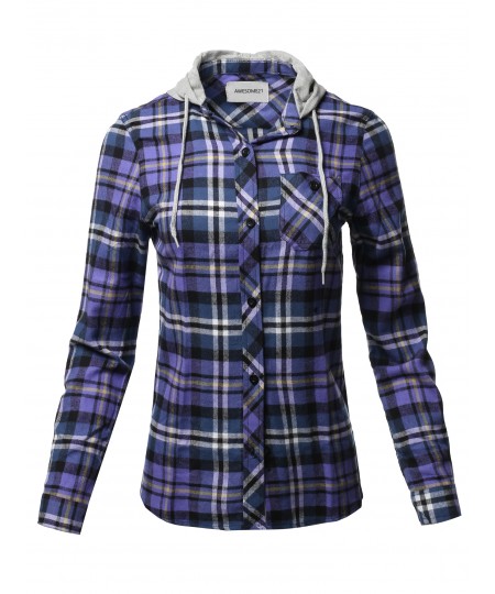 Women's Causal Flannel Long Sleeve Button-Down Mandarin Collar Hoodie Shirt