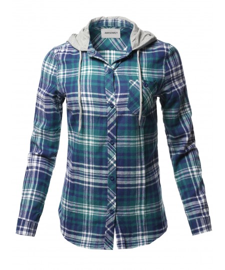 Women's Causal Flannel Long Sleeve Button-Down Mandarin Collar Hoodie Shirt