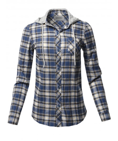 Women's Causal Flannel Long Sleeve Button-Down Mandarin Collar Hoodie Shirt