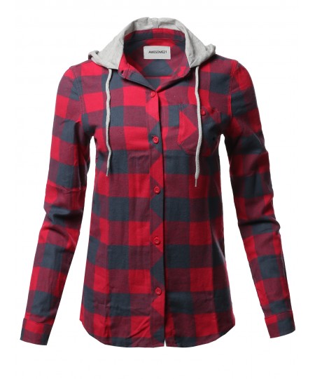 Women's Causal Flannel Long Sleeve Button-Down Mandarin Collar Hoodie Shirt