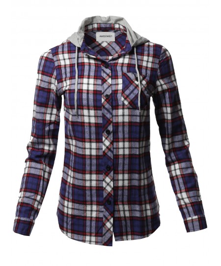 Women's Causal Flannel Long Sleeve Button-Down Mandarin Collar Hoodie Shirt