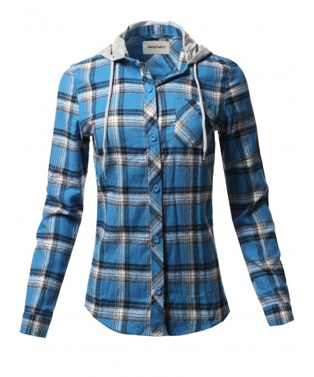 Women's Causal Flannel Long Sleeve Button-Down Mandarin Collar Hoodie Shirt