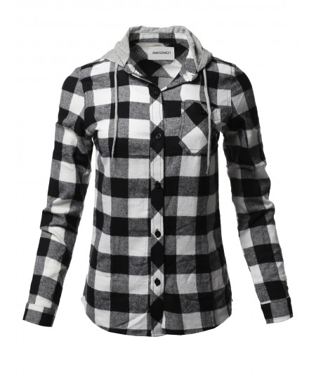 Women's Causal Flannel Long Sleeve Button-Down Mandarin Collar Hoodie Shirt