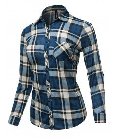 Women's Casual Rolled Up Sleeve Button Down Plaid Checker Shirts 
