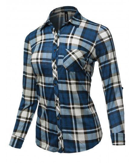 Women's Casual Rolled Up Sleeve Button Down Plaid Checker Shirts 