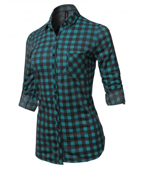 Women's Casual Lightweight Long Sleeve Button Down Plaid Shirts 