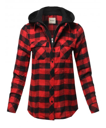 Women's Casual Hooded Flannel Plaid Shirt