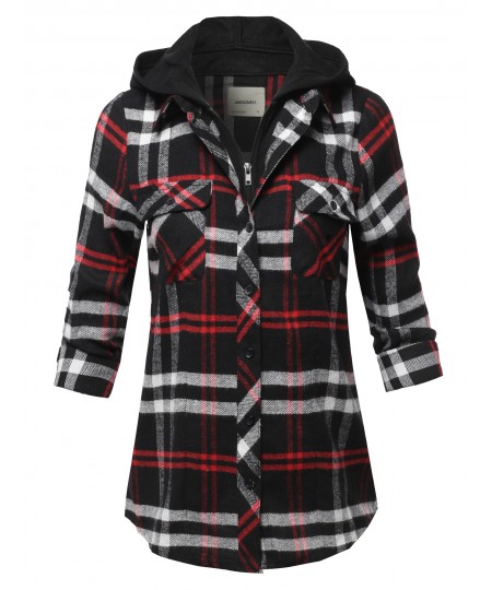 Women's Casual Hooded Flannel Plaid Shirt