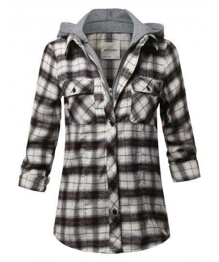 Women's Casual Hooded Flannel Plaid Shirt