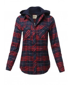 Women's Casual Hooded Flannel Plaid Shirt