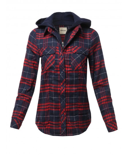 Women's Casual Hooded Flannel Plaid Shirt