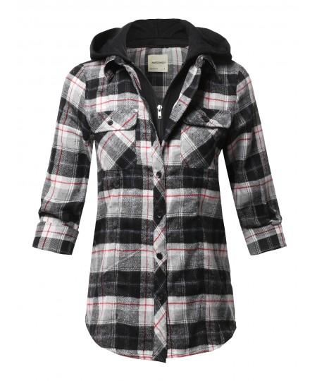 Women's Casual Hooded Flannel Plaid Shirt