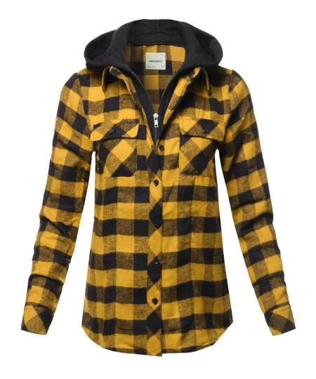 Women's Casual Hooded Flannel Plaid Shirt