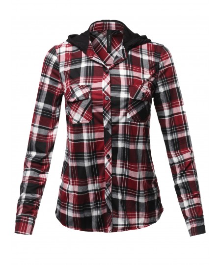 Women's Casual Plaid Checker Mandarin Collar Hoodie Shirt