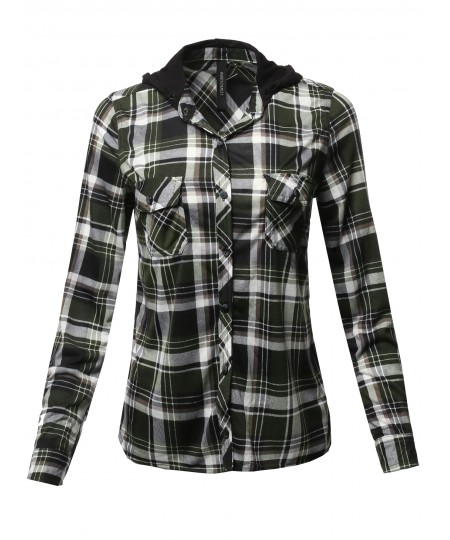 Women's Casual Plaid Checker Mandarin Collar Hoodie Shirt