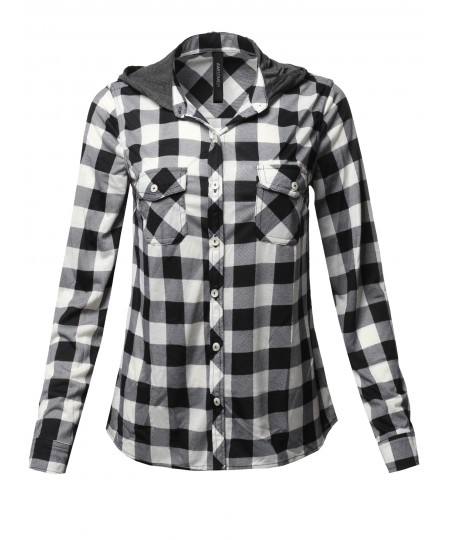 Women's Casual Plaid Checker Mandarin Collar Hoodie Shirt