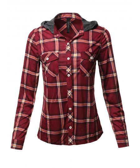 Women's Casual Plaid Checker Mandarin Collar Hoodie Shirt