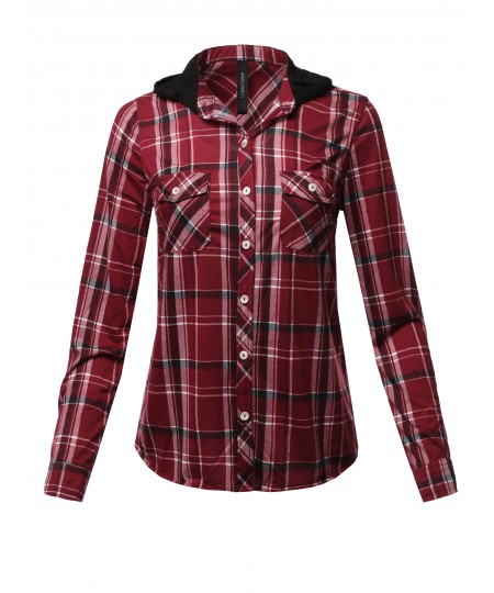 Women's Casual Plaid Checker Mandarin Collar Hoodie Shirt