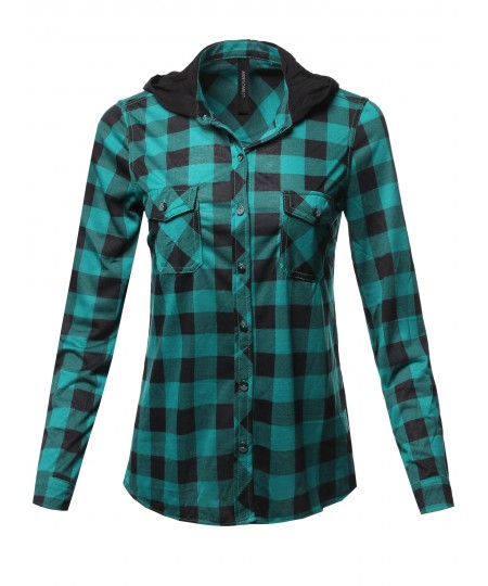 Women's Casual Plaid Checker Mandarin Collar Hoodie Shirt