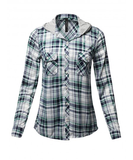 Women's Casual Plaid Checker Mandarin Collar Hoodie Shirt