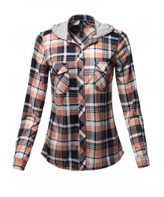 Women's Casual Plaid Checker Mandarin Collar Hoodie Shirt