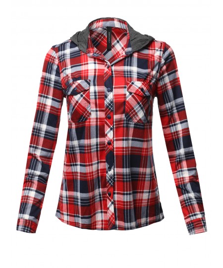 Women's Casual Plaid Checker Mandarin Collar Hoodie Shirt