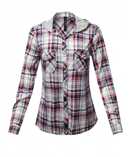 Women's Casual Plaid Checker Mandarin Collar Hoodie Shirt